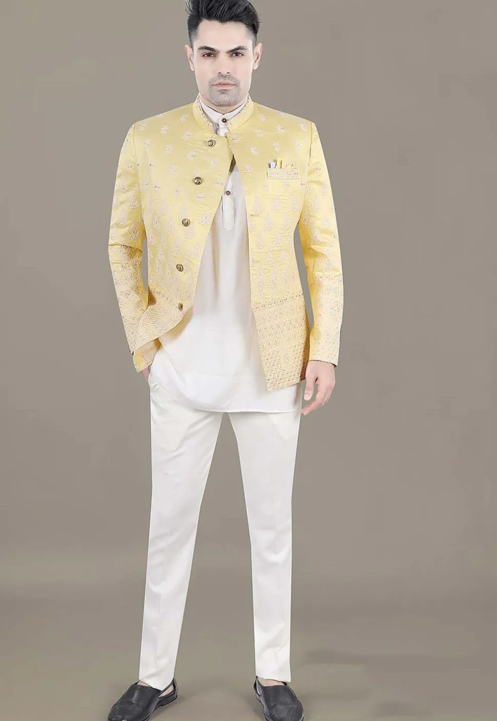 Embroidered Art Silk Jacquard Jodhpuri Suit in Yellow