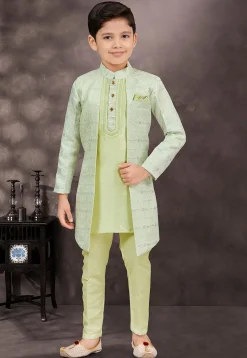 Embroidered Art Silk Jacquard Layered Sherwani in Sea Green