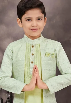 Embroidered Art Silk Jacquard Layered Sherwani in Sea Green