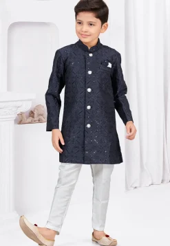 Embroidered Art Silk Jacquard Sherwani in Navy Blue