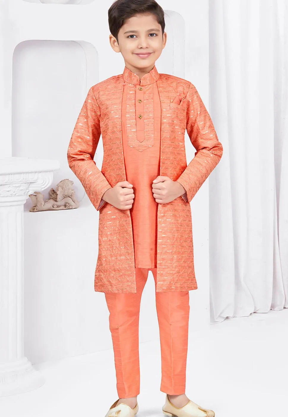 Embroidered Art Silk Jacquard Layered Sherwani in Dark Orange