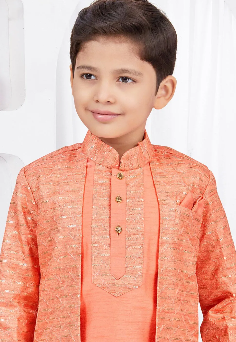 Embroidered Art Silk Jacquard Layered Sherwani in Dark Orange