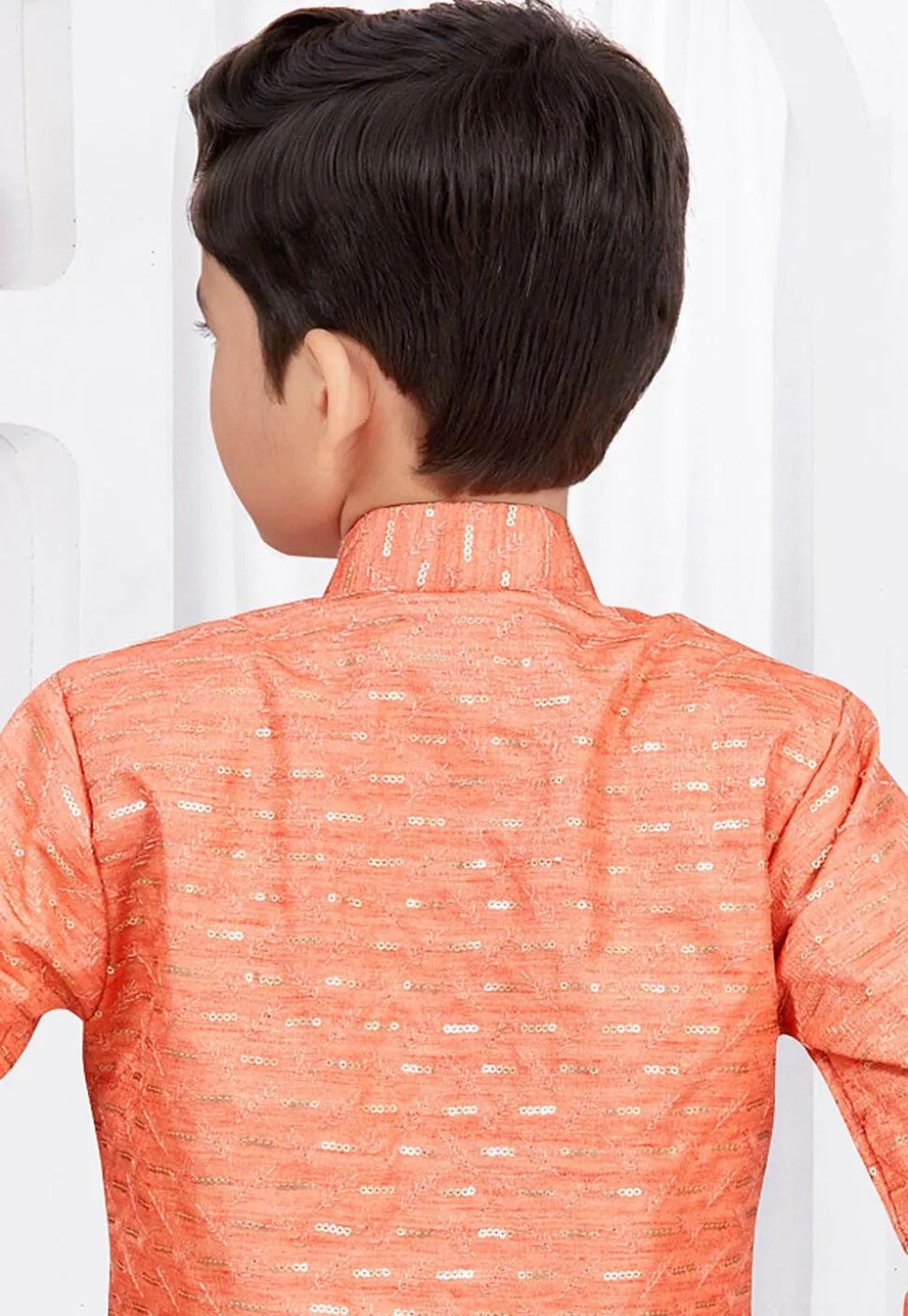 Embroidered Art Silk Jacquard Layered Sherwani in Dark Orange