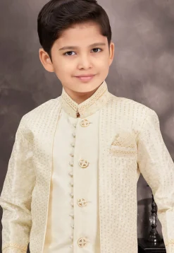 Embroidered Art Silk Jacquard Layered Sherwani in Cream