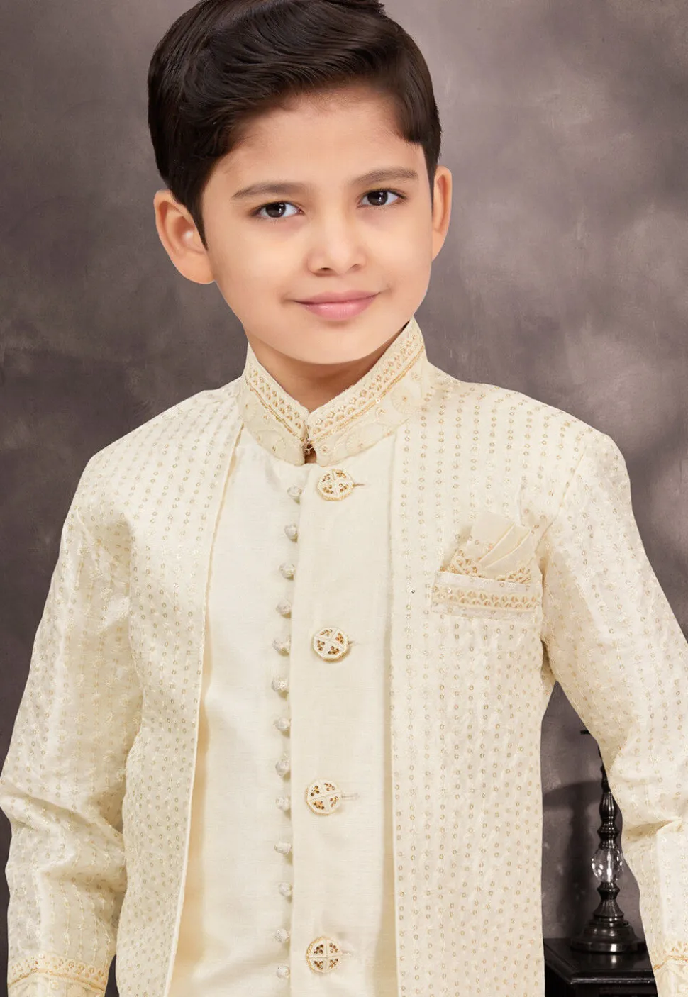 Embroidered Art Silk Jacquard Layered Sherwani in Cream