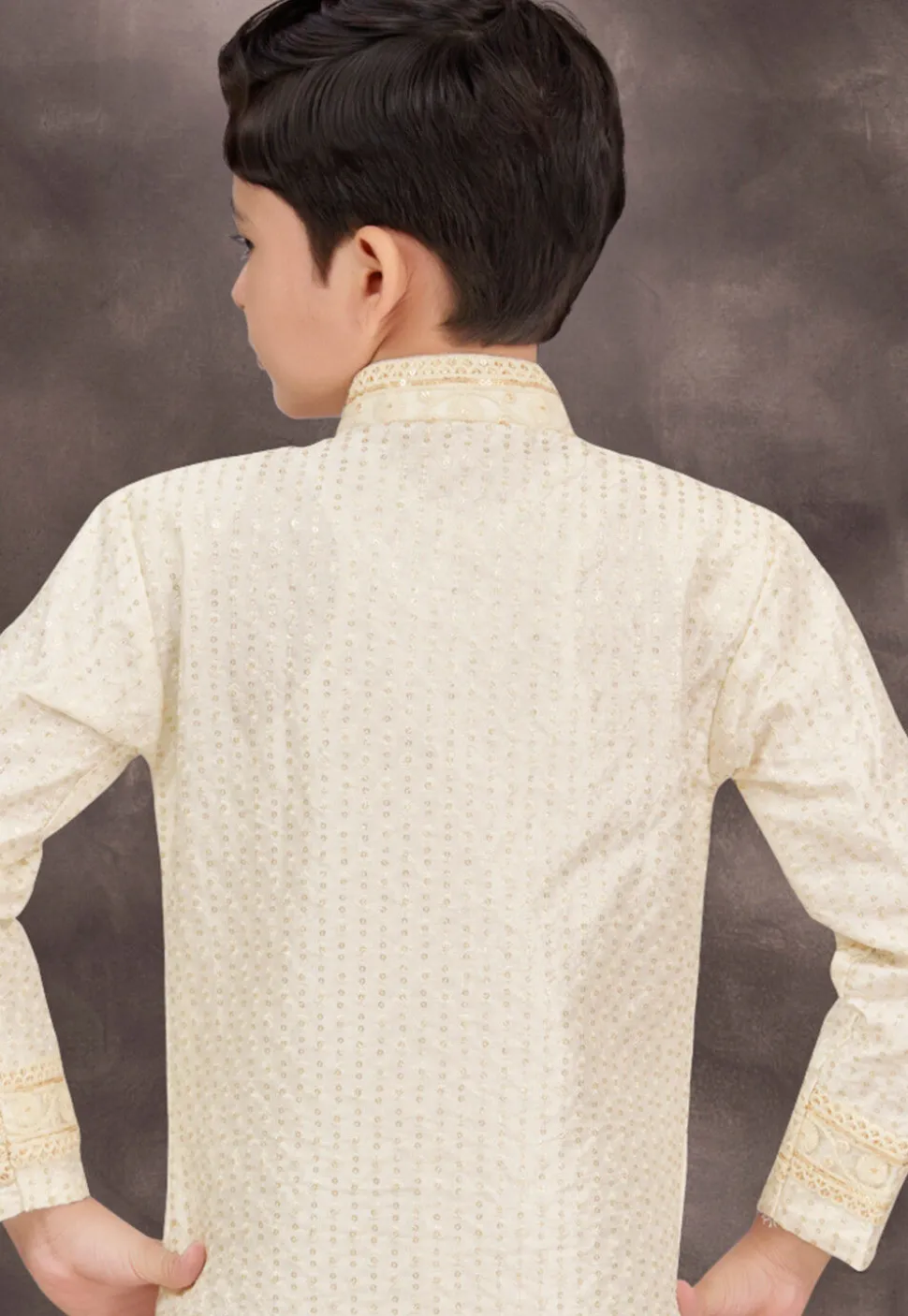 Embroidered Art Silk Jacquard Layered Sherwani in Cream
