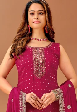 Embroidered Art Silk Jacquard Pakistani Suit in Magenta