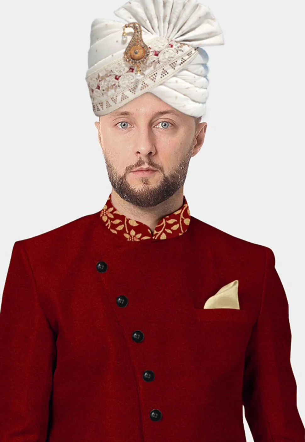 Embroidered Art Silk Jacquard Turban in White