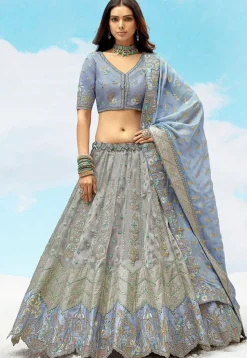 Embroidered Art Silk Jacquard Lehenga in Grey and Blue Shaded