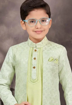 Embroidered Art Silk Jacquard Layered Sherwani in Light Green