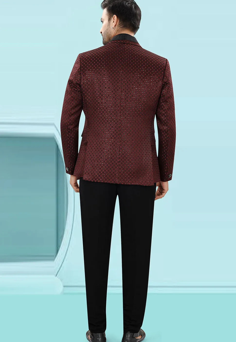Embroidered Art Silk Jacquard Tuxedo in Maroon