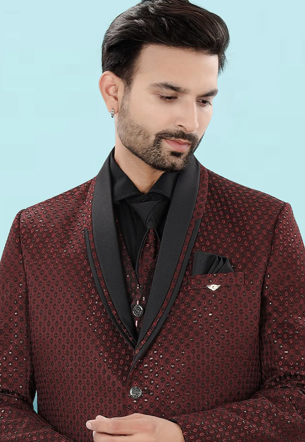 Embroidered Art Silk Jacquard Tuxedo in Maroon