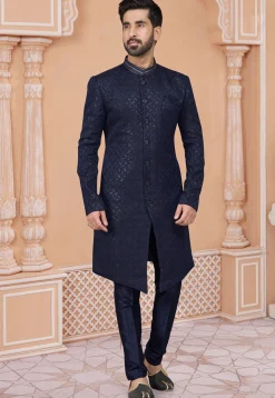 Embroidered Art Silk Jacquard Sherwani in Navy Blue