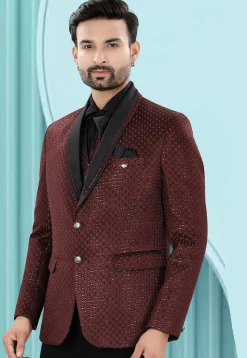 Embroidered Art Silk Jacquard Blazer in Maroon