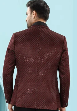 Embroidered Art Silk Jacquard Blazer in Maroon