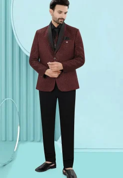 Embroidered Art Silk Jacquard Blazer in Maroon