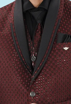 Embroidered Art Silk Jacquard Blazer in Maroon
