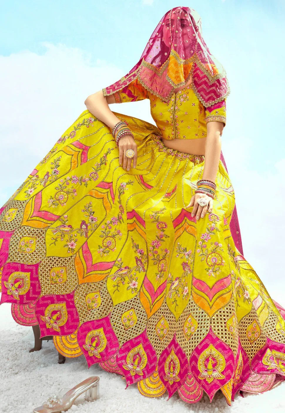 Embroidered Art Silk Jacquard Lehenga in Yellow