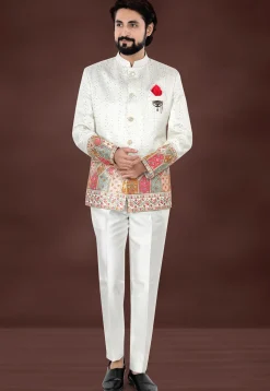 Embroidered Art Silk Jacquard Jodhpuri Suit in Cream