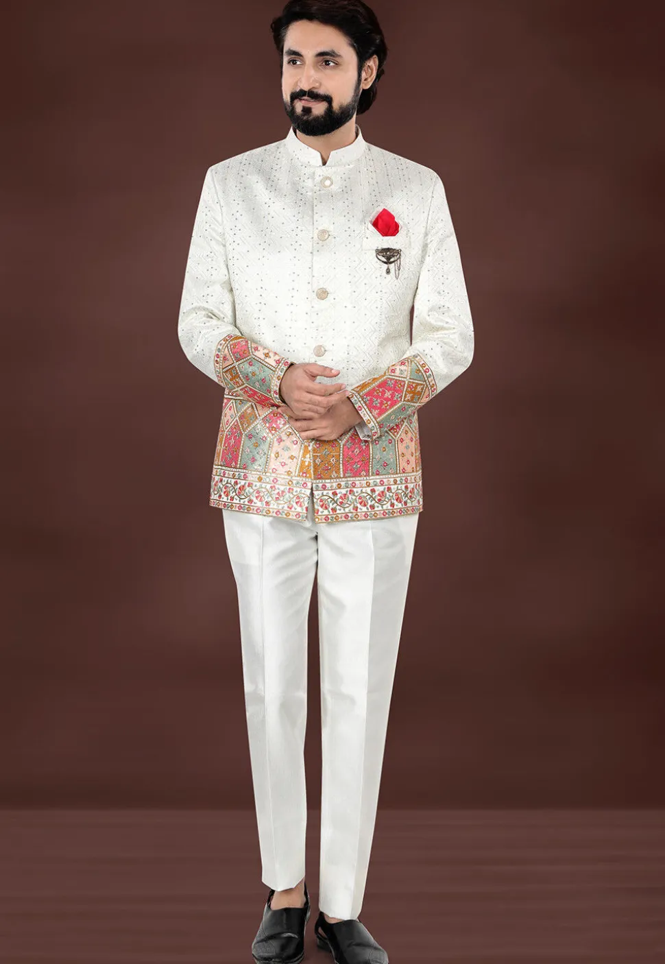 Embroidered Art Silk Jacquard Jodhpuri Suit in Cream