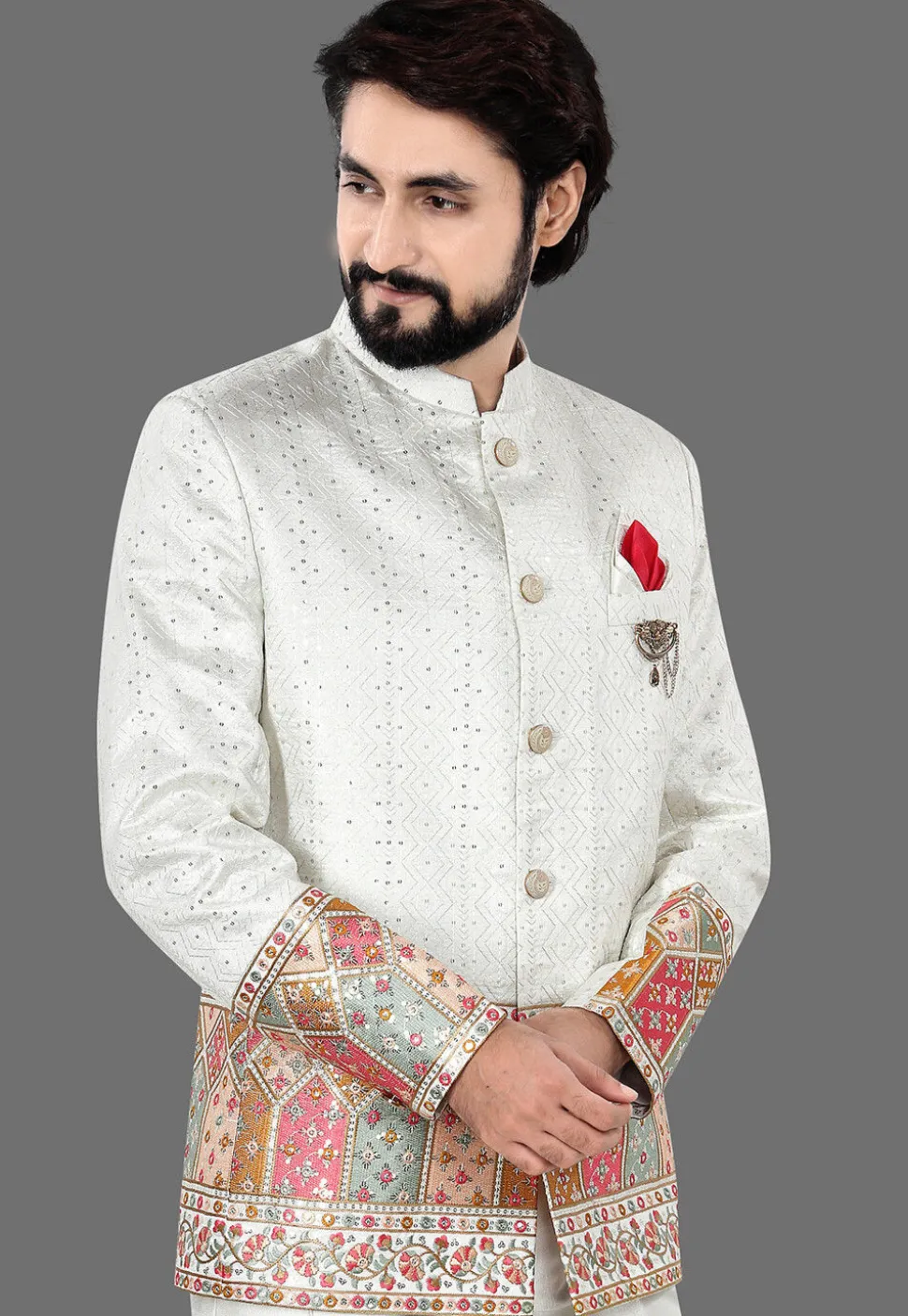 Embroidered Art Silk Jacquard Jodhpuri Suit in Cream