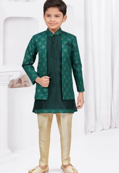 Embroidered Art Silk Jacquard Layered Sherwani in Green