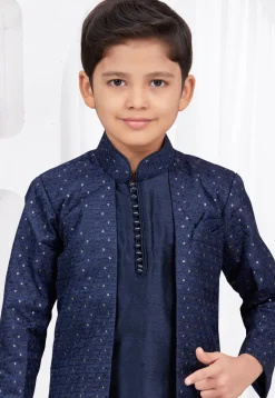 Embroidered Art Silk Jacquard Layered Sherwani in Navy Blue