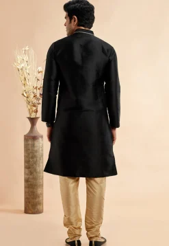 Embroidered Art Silk Jacquard Kurta Set in Black