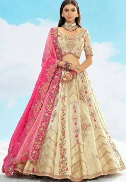 Embroidered Art Silk Jacquard Lehenga in Off White