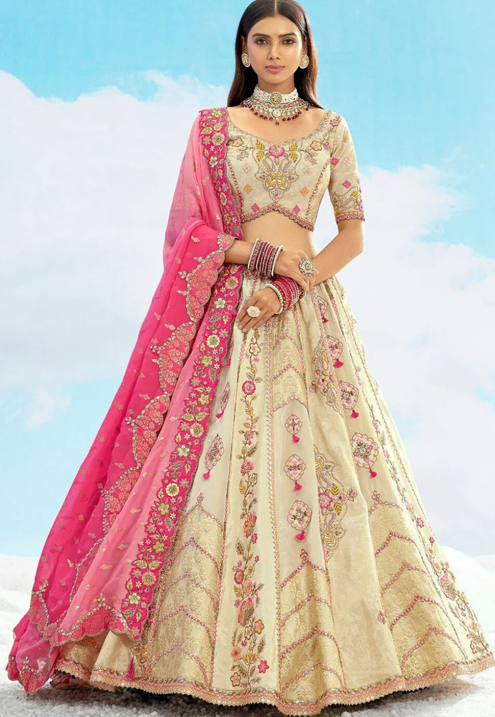 Embroidered Art Silk Jacquard Lehenga in Off White