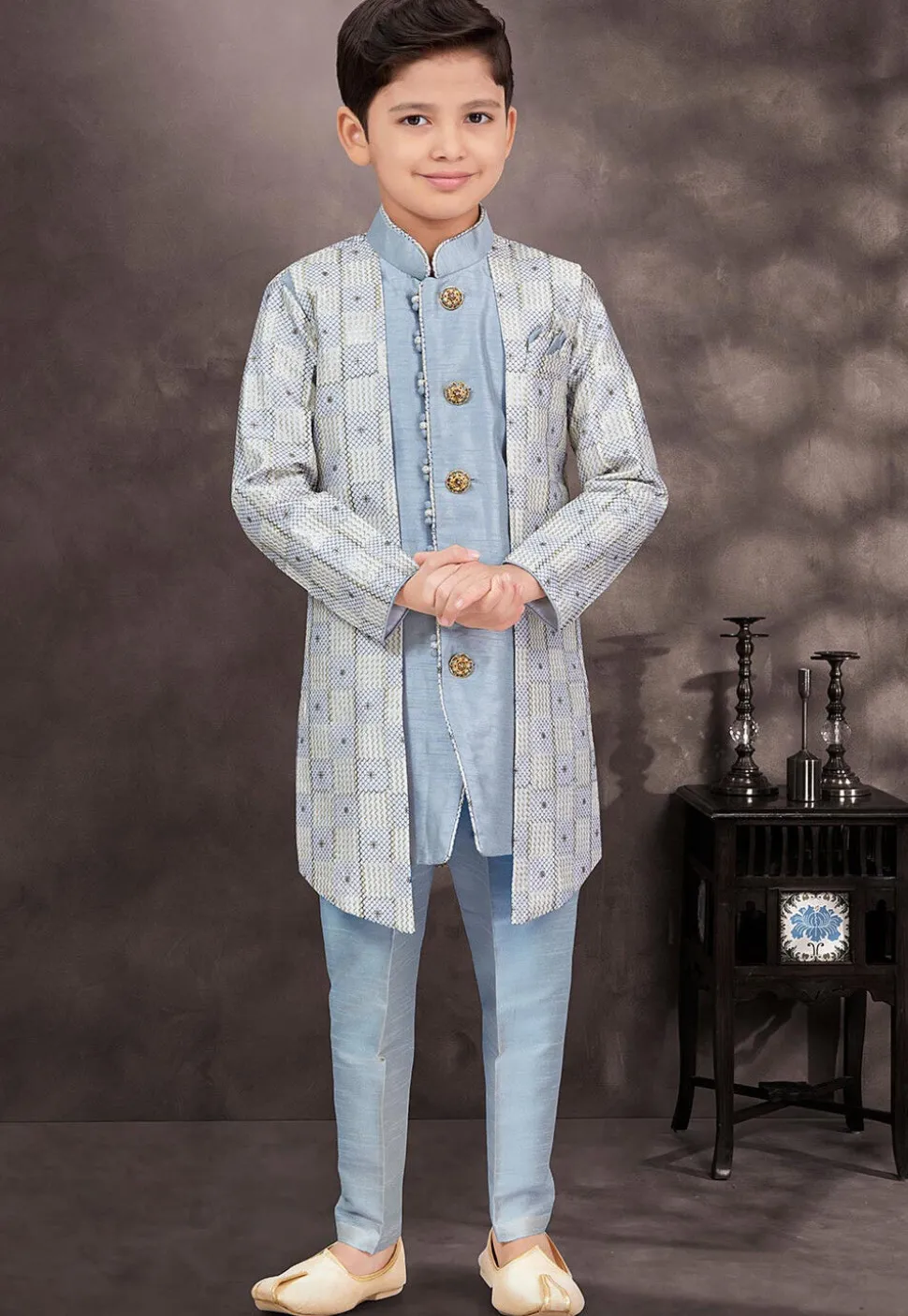 Embroidered Art Silk Jacquard Layered Sherwani in Sky Blue and Grey