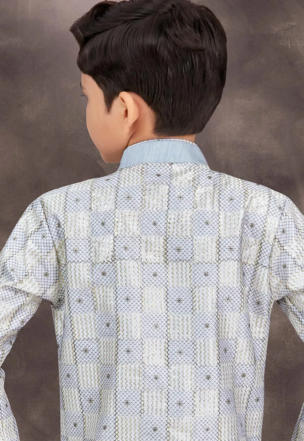 Embroidered Art Silk Jacquard Layered Sherwani in Sky Blue and Grey
