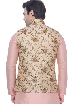 Embroidered Art Silk Jacquard Nehru Jacket in Beige