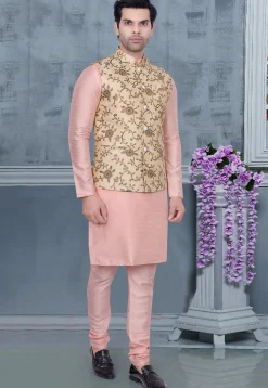 Embroidered Art Silk Jacquard Nehru Jacket in Beige