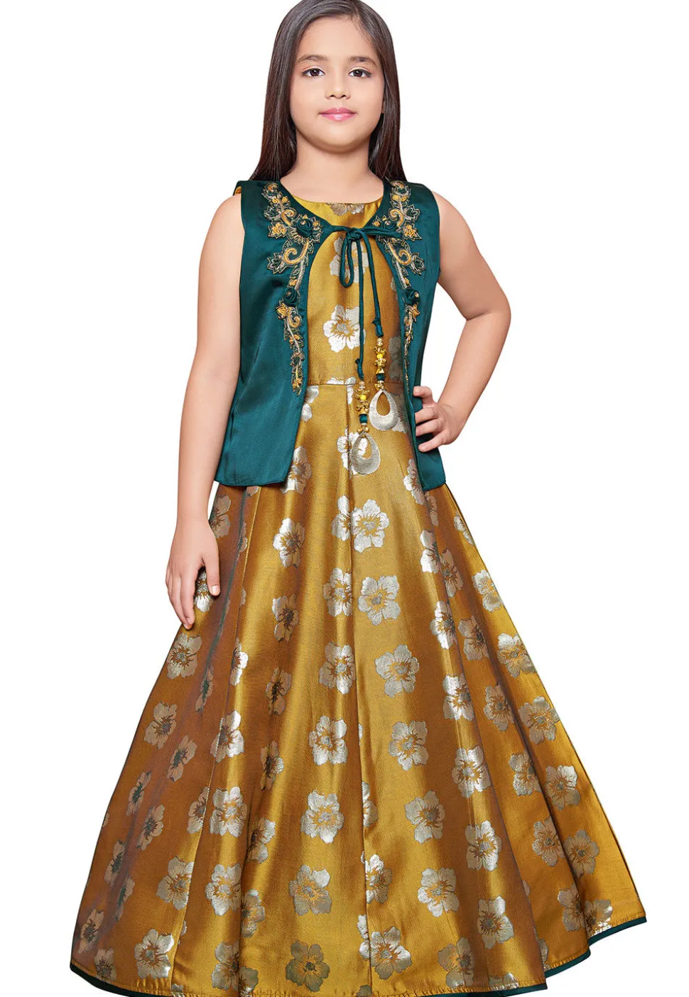Embroidered Art Silk Jacquard Gown in Old Gold