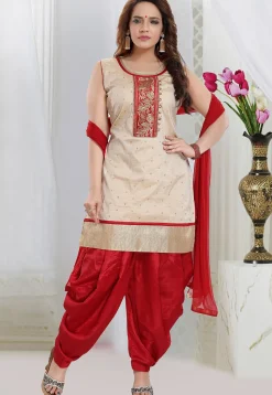 Embroidered Art Silk Jacquard Punjabi Suit in Light Beige
