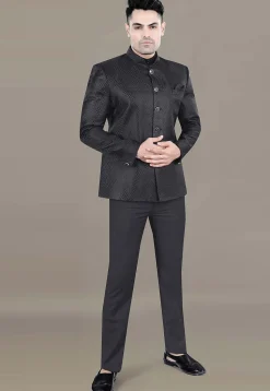 Embroidered Art Silk Jacquard Jodhpuri Suit in Black