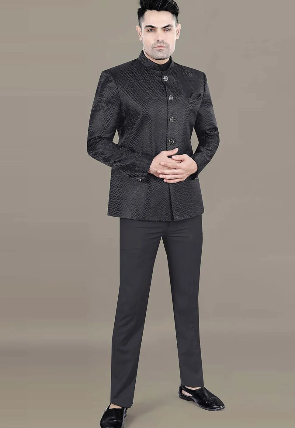 Embroidered Art Silk Jacquard Jodhpuri Suit in Black