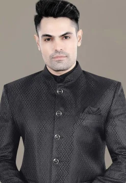 Embroidered Art Silk Jacquard Jodhpuri Suit in Black