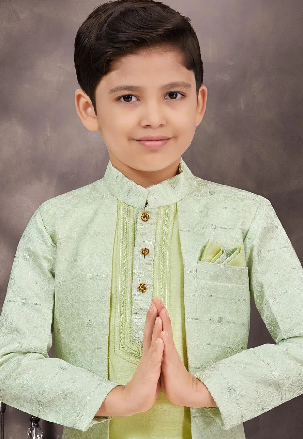 Embroidered Art Silk Jacquard Layered Sherwani in Sea Green