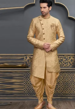 Embroidered  Art Silk Jacquard Dhoti Kurta in Golden