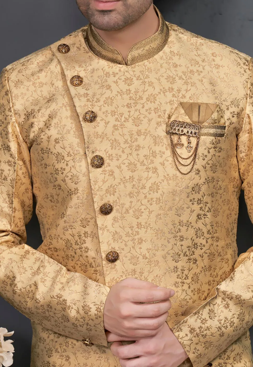 Embroidered Art Silk Jacquard Dhoti Kurta in Golden