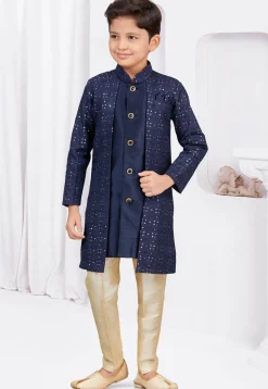 Embroidered Art Silk Jacquard Layered Sherwani in Navy Blue