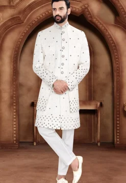 Embroidered Art Silk Jacquard Sherwani in Off White