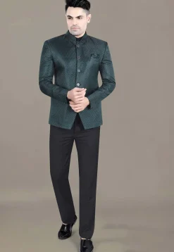 Embroidered Art Silk Jacquard Jodhpuri Jacket in Teal Green