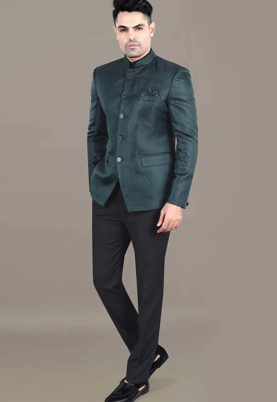 Embroidered Art Silk Jacquard Jodhpuri Jacket in Teal Green