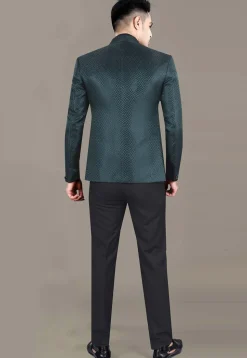 Embroidered Art Silk Jacquard Jodhpuri Jacket in Teal Green