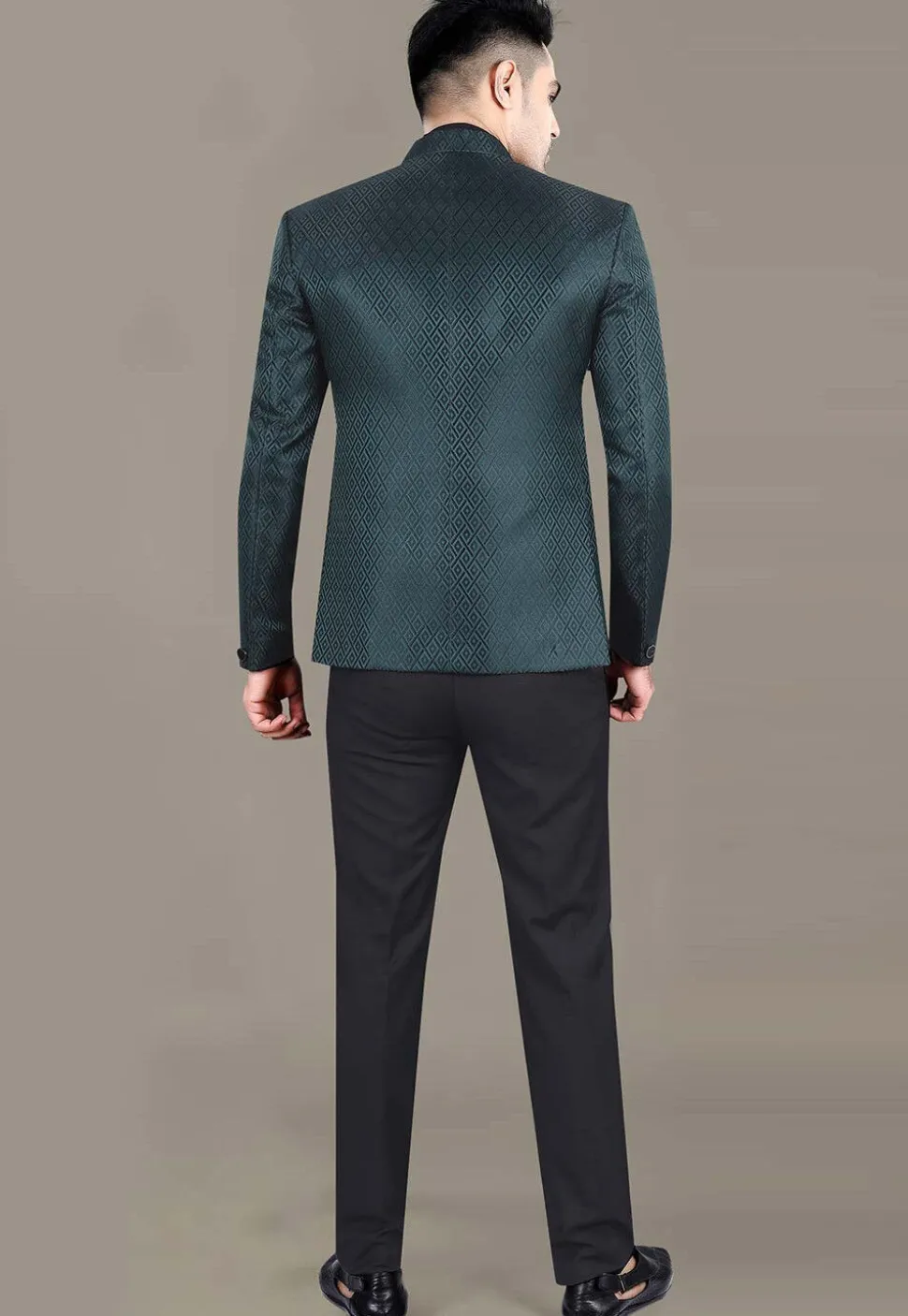 Embroidered Art Silk Jacquard Jodhpuri Jacket in Teal Green