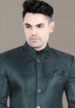 Embroidered Art Silk Jacquard Jodhpuri Jacket in Teal Green