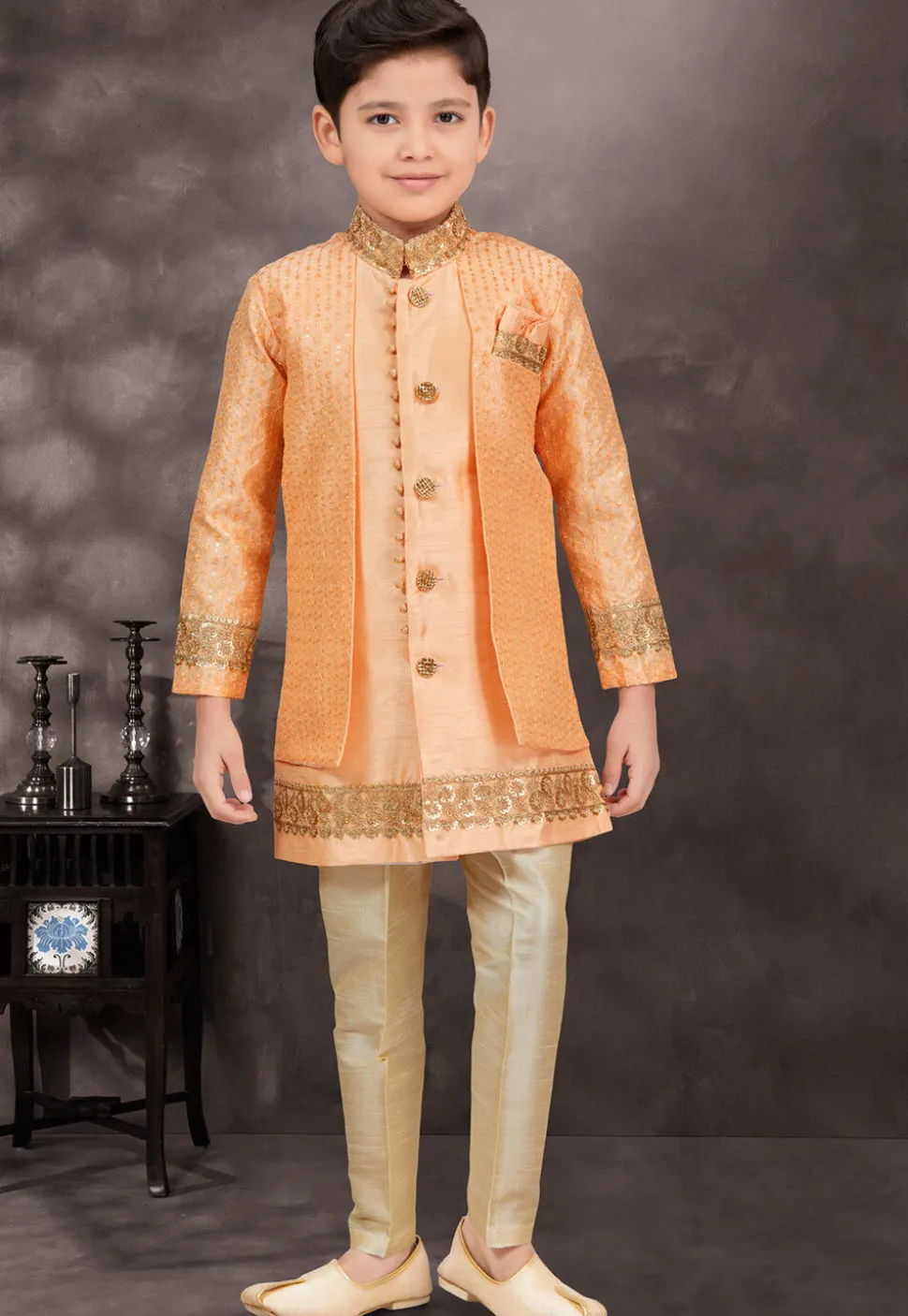 Embroidered Art Silk Jacquard Layered Sherwani in Light Orange